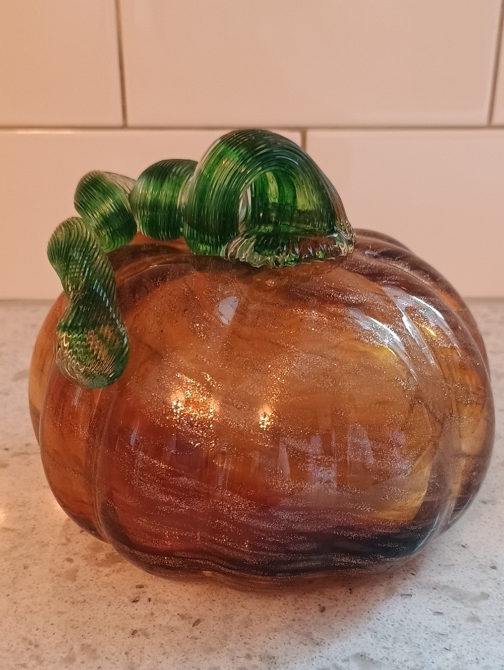 Handblown Glass Pumpkin Sculpture in Amber with Green Stem-Glitter